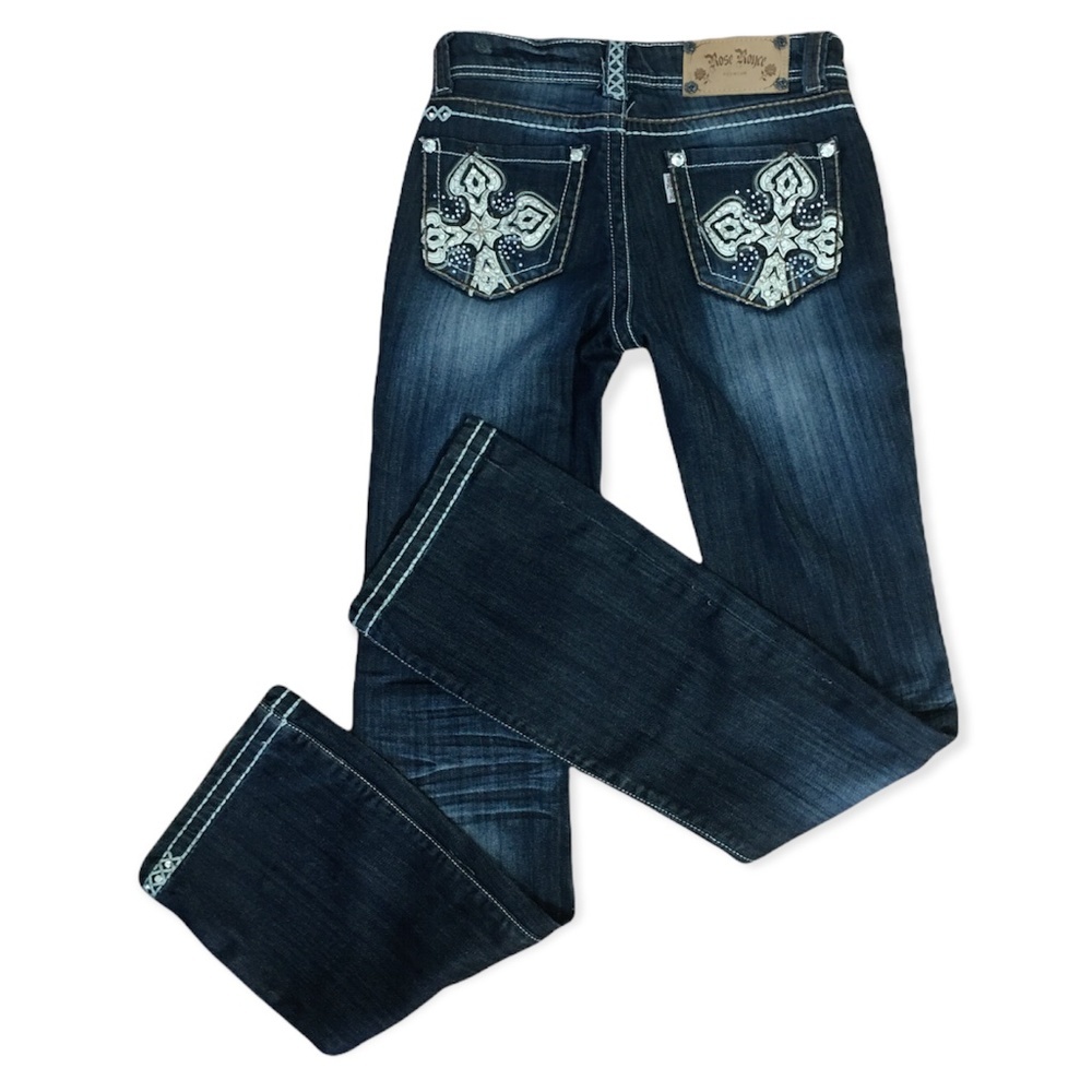Rose Royce Premium Twilight Wash Distressed Low Rise Denim Jeans Size 28